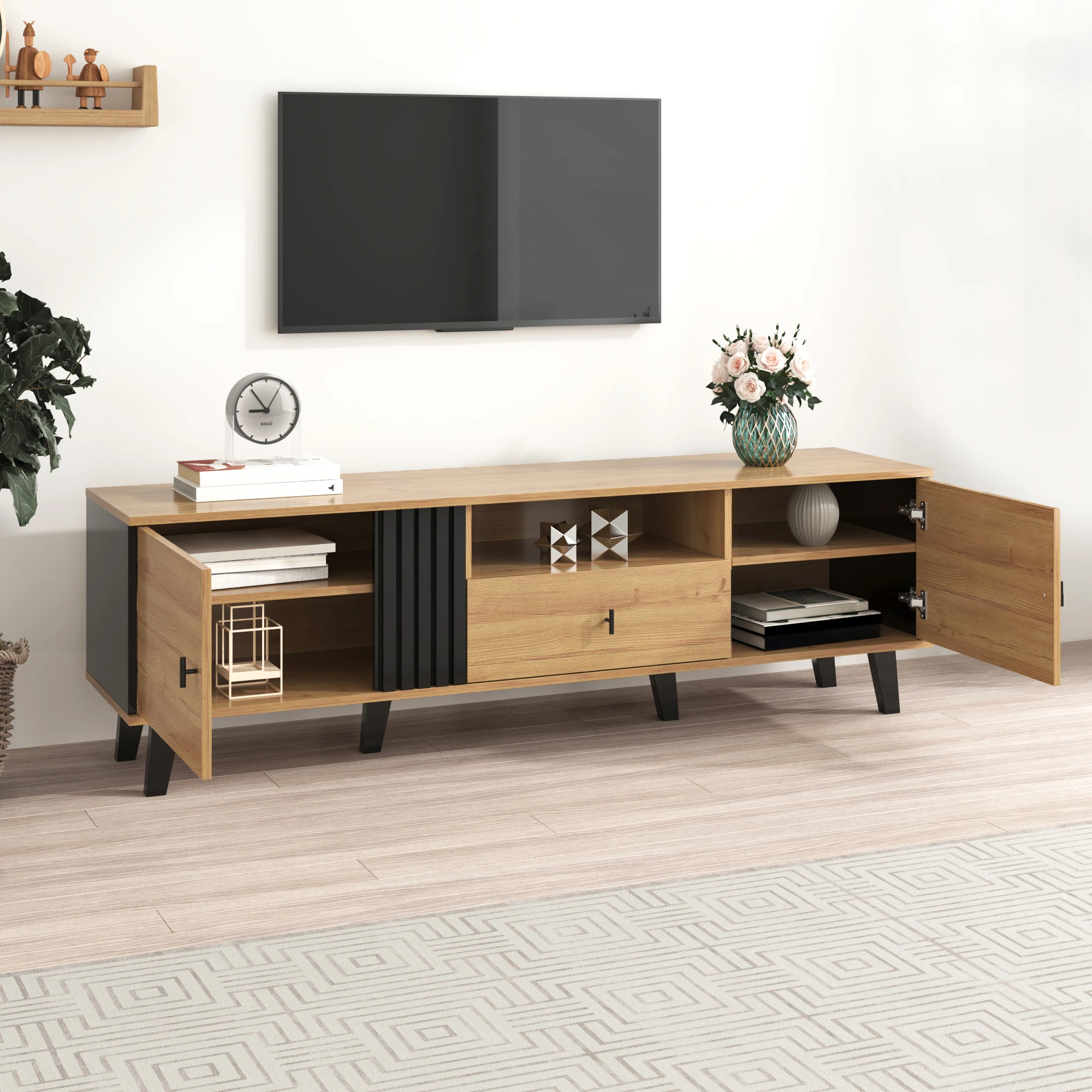 Meuble TV 170 cm avec meuble TV design bois et noir, meuble bas avec tiroirs, fonctions de rangement diverses