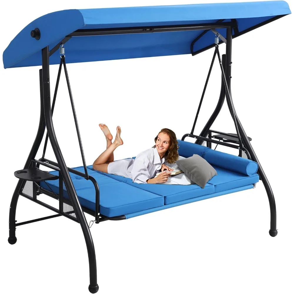 3-Seat Outdoor Patio Swings with Adjustable Cover, Porch Swing Chair with Stand for Adults W/Pillows & Foldable Side Tray, Adul