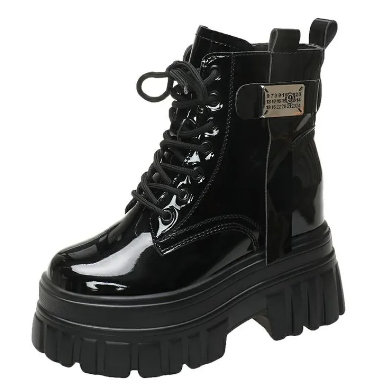 Frauen Hohe Plattform Motorräder Stiefel Winter 10CM Keil Heels Warme Stiefeletten Chunky Turnschuhe Neue Herbst Leder Schuhe Frau