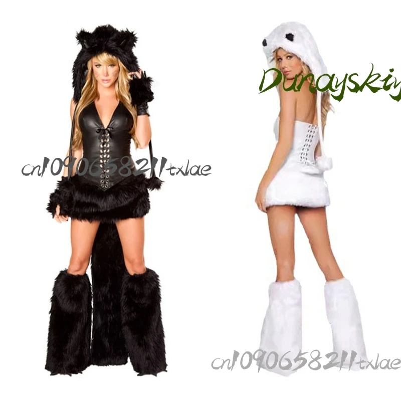 Schwarz Weiße Katze Frauen Plüsch Pelzigen Fursuit Sexy Kawaii Cosplay Kostüme Y2k Hut Top Rock Handschuhe Bein Abdeckungen Party Halloween