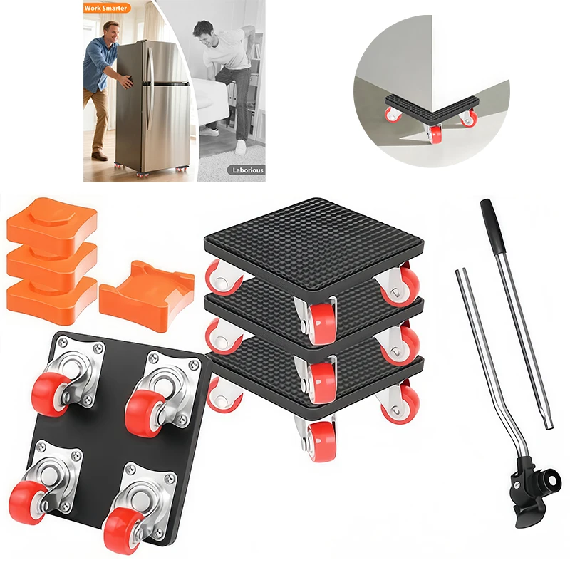 BRIEFNESS Furniture Lifting Kit - 4×360° Rotating Wheels, 20mm Pads & Pry Bar for Moving Sofa Bed Table Fridge Washing Machine