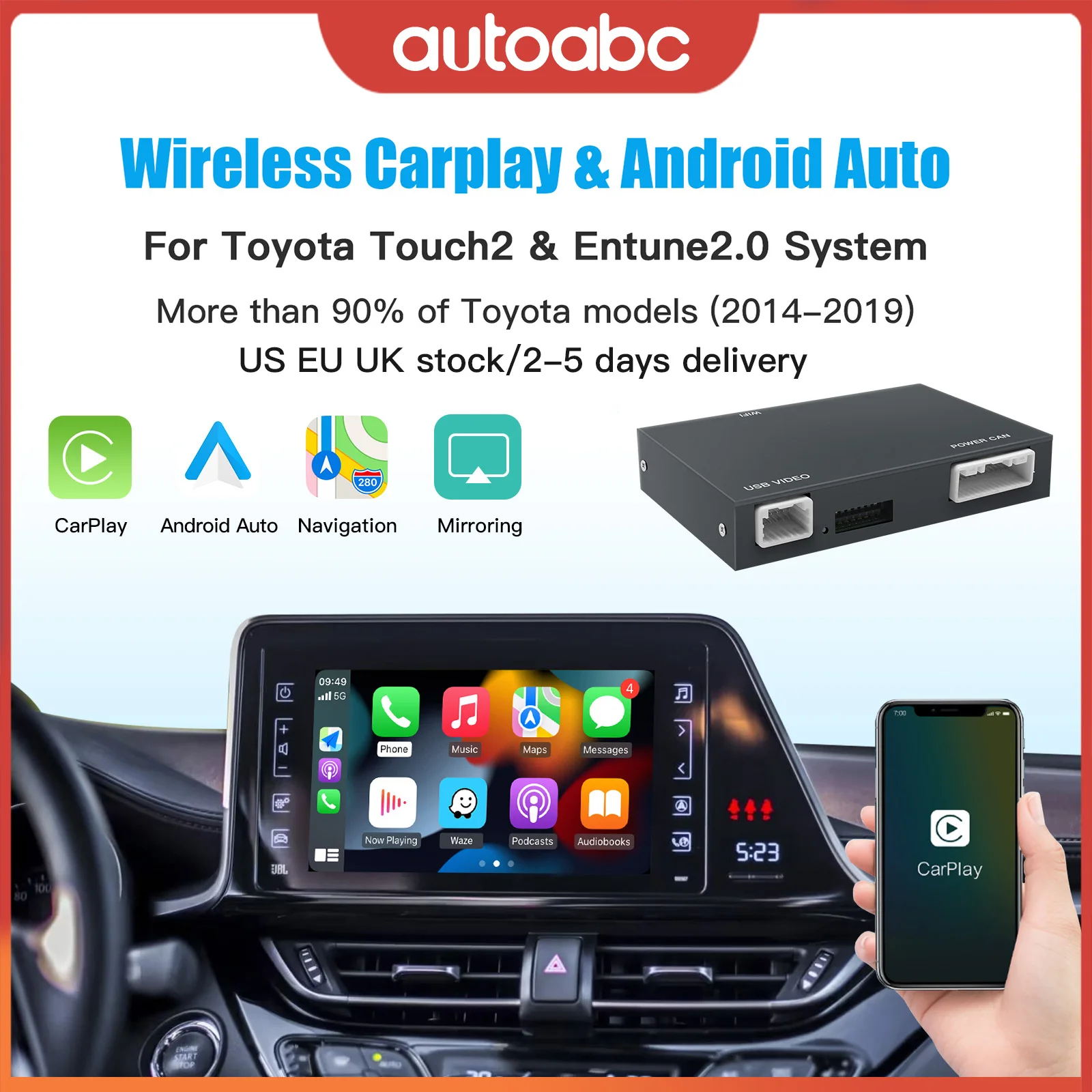 AUTOABC Wireless Carplay Android Auto für TOYOTA Touch2 Entune2.0 Highlander Tundra Sienna Prius Yaris Camry CHR Modul Airplay Unterstützung Kamera Image