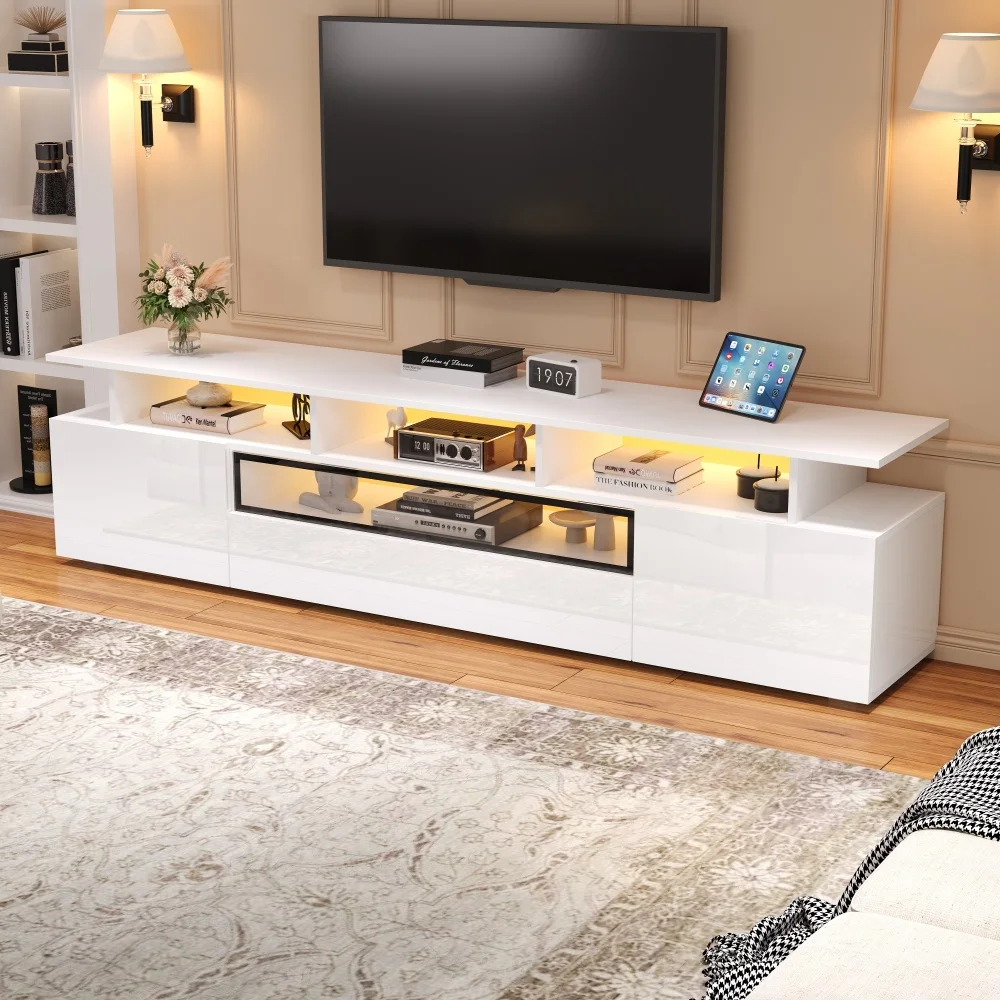 180 x 38 x 45 cm großer Hochglanz-TV-Schrank mit 2 Schränken und 1 Schublade, Lowboard mit LED und 10 Ablageflächen, für TV um 75 Zoll