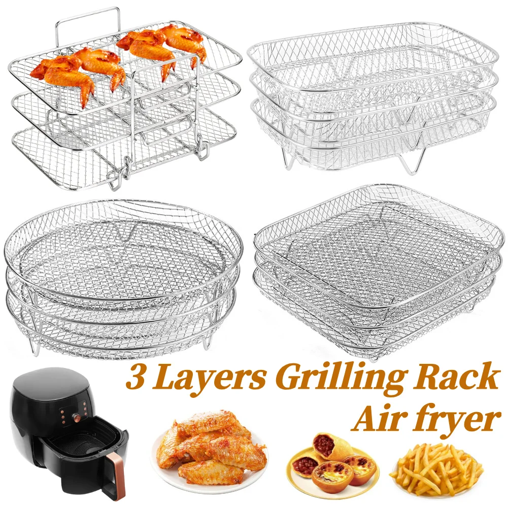 3-lagiger stapelbarer Mesh-Grillkorb, Zubehör für Luftfritteusen, Luftfritteuse-Rack aus Edelstahl 304, Heim- und Küchenhelfer, Kochutensilien Image