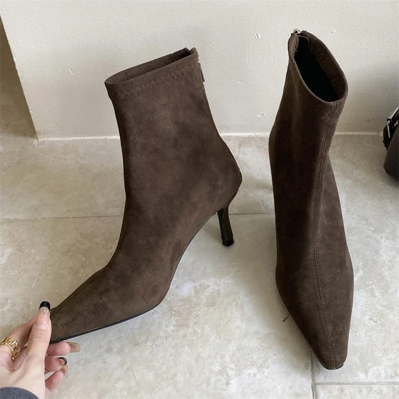 Aneikeh Street Style Spitz Frauen Stiefeletten Mode Dünne Fersen Zipper Schuhe Herbst Winter Punk Chelsea Kurze Booties