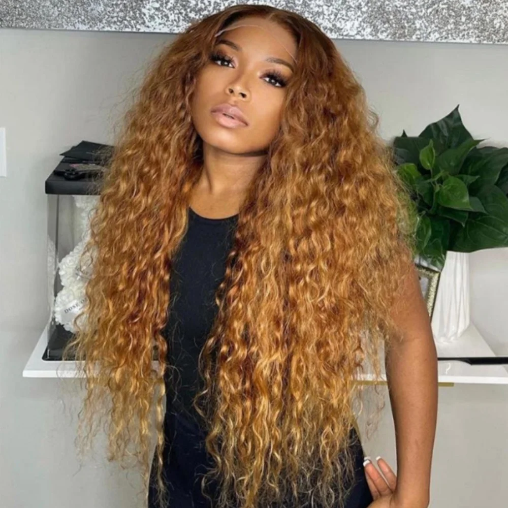 Ombre-Blond-Farbe, weich, 66 cm lang, verworren, lockig, 180 Dichte, Lace-Front-Perücke, synthetisch, für Damen, hohe Temperaturen, ohne Kleber, täglich Image