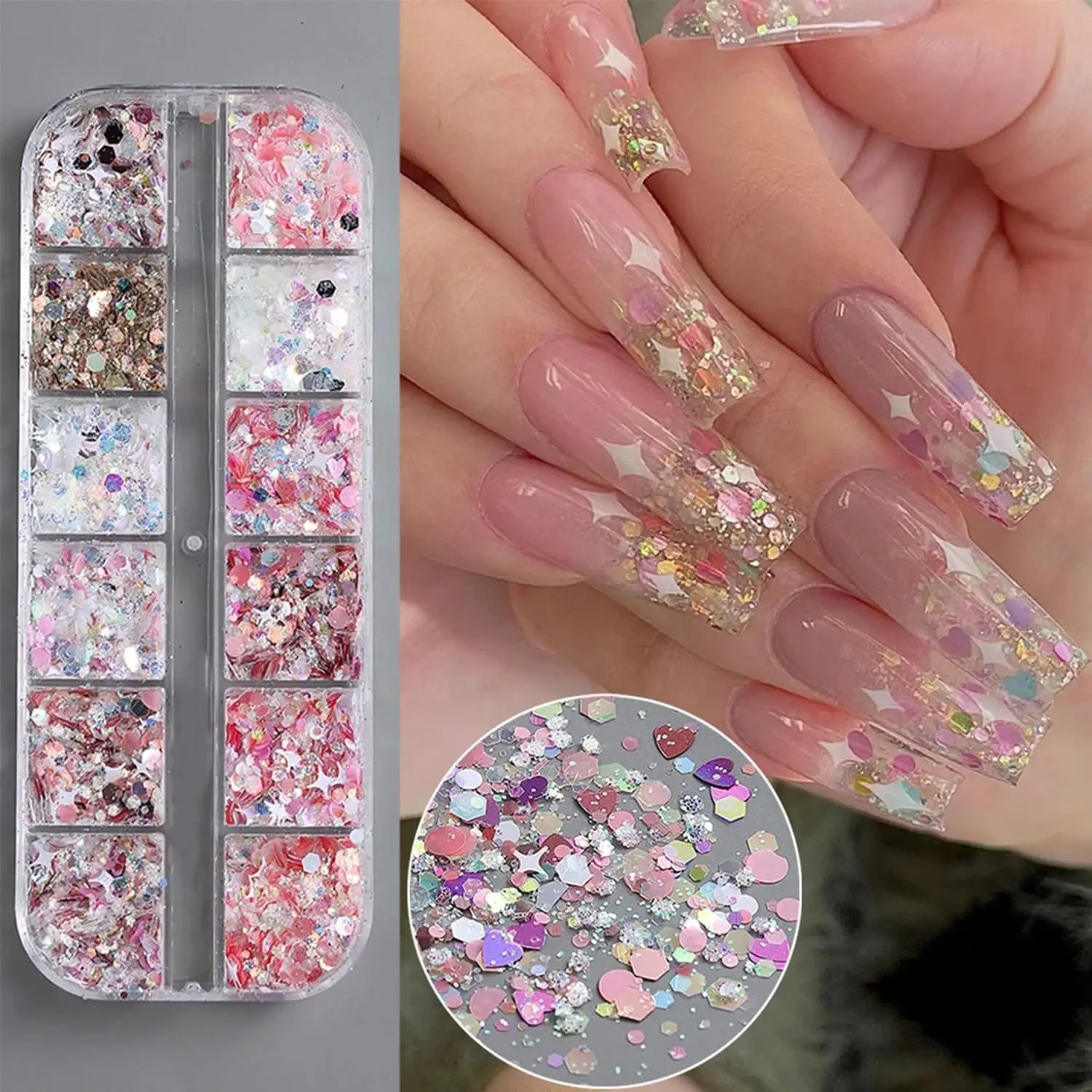 12 Grids 3D Rosa Nagel Glitter Pailletten Gemischte Stern Herz Sechseck Holographische Flocken für Make-Up Gel Polnisch Maniküre Dekor Pailletten Image