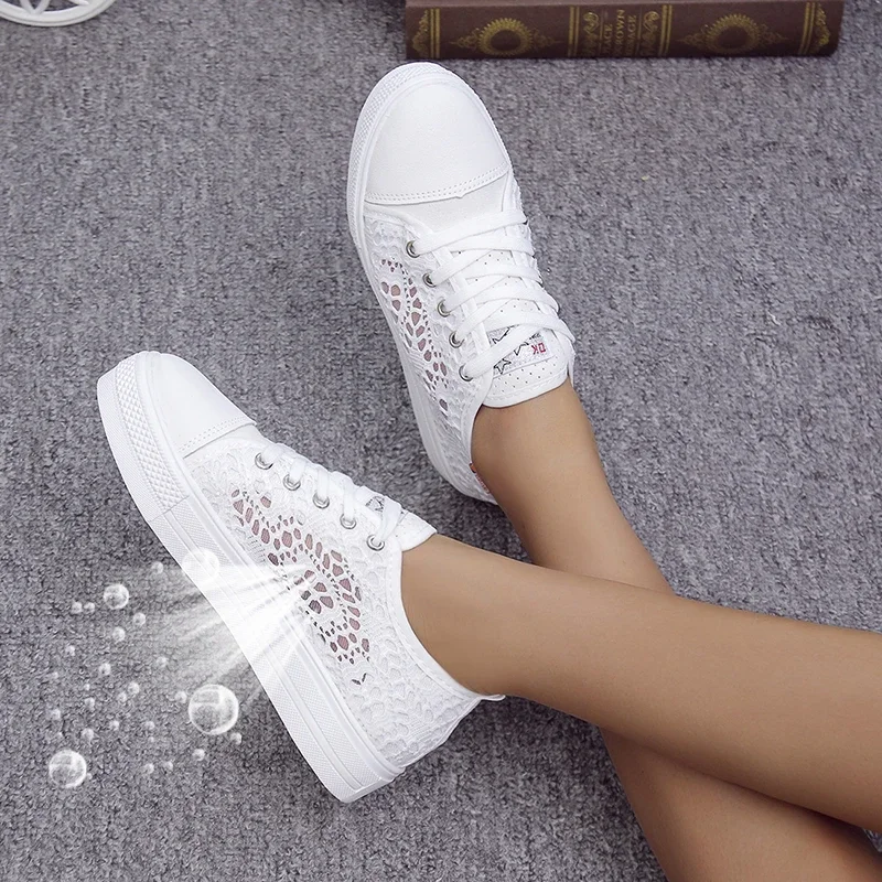 Frauen Schuhe Mode Sommer Casual Weiße Schuhe Ausschnitte Spitze Leinwand Hohl Atmungsaktive Plattform Flache Schuhe Frau Turnschuhe
