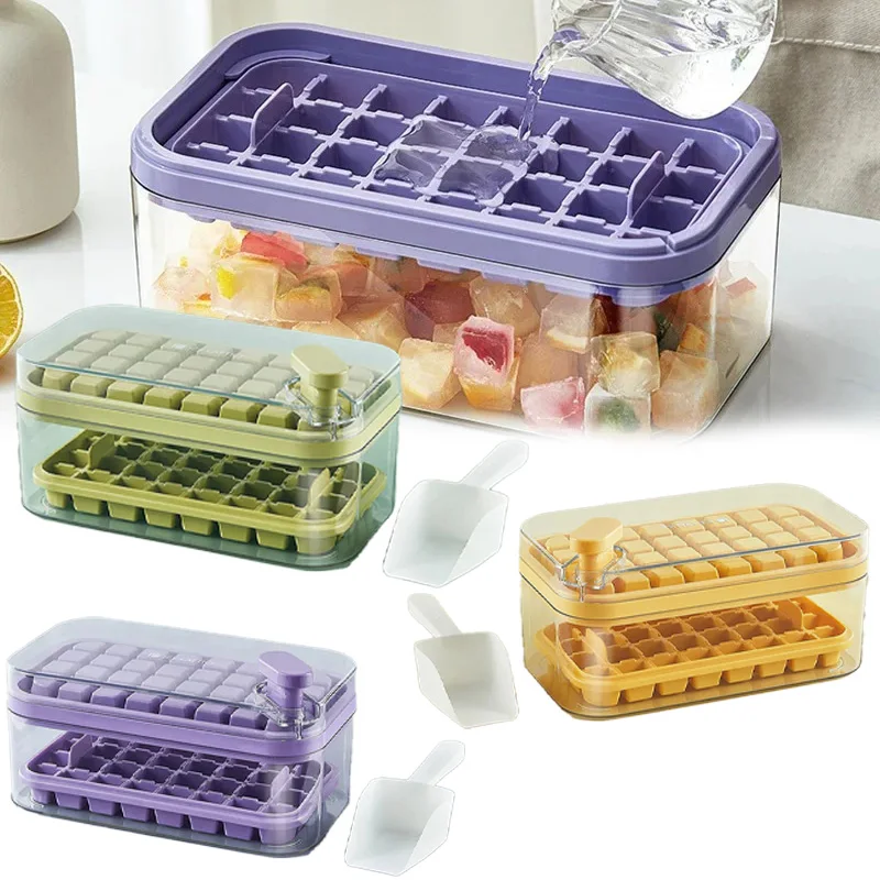 Drücken Sie Eiswürfelbereiter, doppelschichtig, 64-Gitter, Silikon-Eiswürfelform mit Abdeckung, Schaufel, Presstyp, Eisherstellungsbox, Eis-Aufbewahrungsbox, Eis Image
