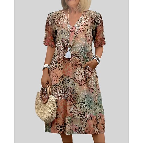 Damen Midikleid Druckkleid Mode Modern Urlaub Ausgehen Normale Passform Grafik Kurzarm V Ausschnitt Blau Rote Purpur Khaki Frühling Herbst Image