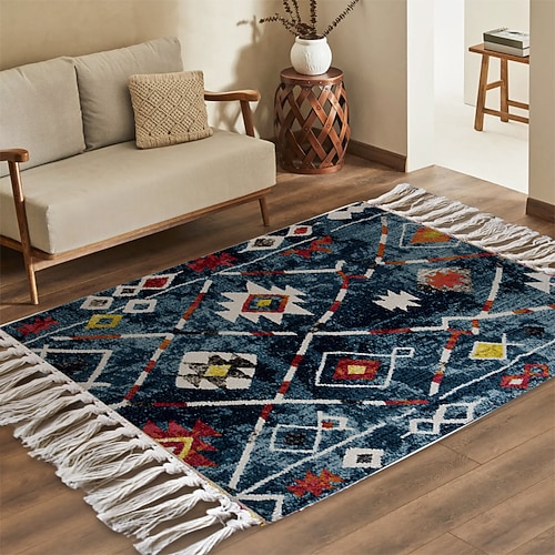 Teppiche Geometrischer Gewebte Teppich für Wohnzimmer und Schlafzimmer Minimalistisches Muster Staubabweisender Teppich Weich Rutschfest Maschinenwaschbar Teppich Ethnischer Stil Dekorative Fußmatte Image
