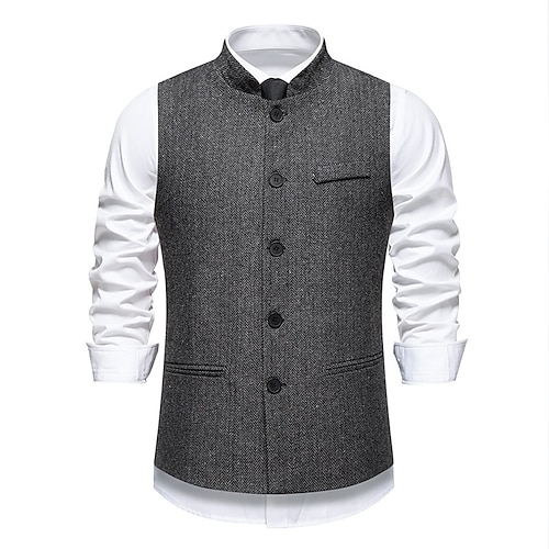 Herren Weste Gilet Urlaub Party Geschäft Mode Lässig Frühling Herbst Tasche Knöpfe Polyester Bequem Einfach Einreihig Ein-Knopf Stehkragen Normale Passform Wein Marineblau Dunkelgray Kaffee Weste Image