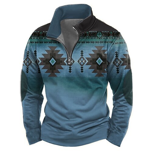 Herren aztekisch Pullover Ethnisch Vintage-Retro Langarm Hoher Ausschnitt Outdoor Sport im Freien Blau Dunkelgrün Purpur Braun Reißverschluss Viertel Postleitzahl Herbst Winter Designer S M L XL XXL Image