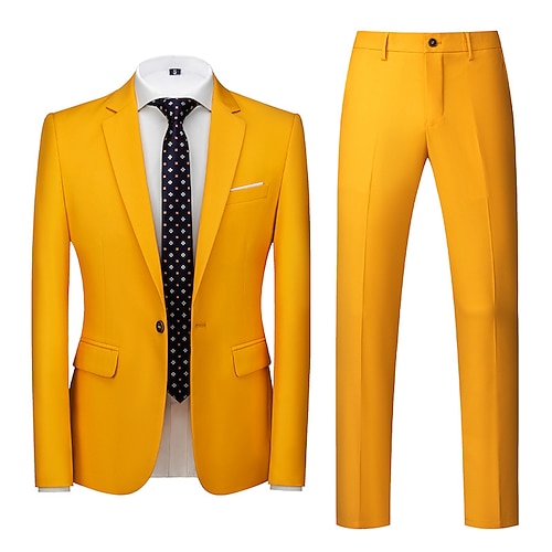Herren Blazer Anzüge Geschäft Cocktailparty Hochzeitsfeier 2 Stück Mode Lässig Frühling Herbst Polyester Einfach Tasche Knöpfe Bequem Einreihig Blazer Dunkelgelb Dunkelgrau Schwarz Weiß Image