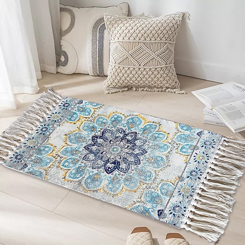 Vintage Persischer Teppich für Wohnzimmer und Schlafzimmer weicher rutschfester maschinenwaschbarer Teppich ethnischer Stil handgewebter Low-Polyester-Baumwollmischung Bettvorleger Sofakissen Image