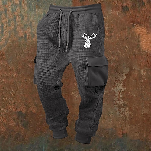 Herren Jogginghose Hose Waffelhose Kordelzug Tasche Elastischer Bund Hirsch Komfort Sport im Freien Täglich Mode Lässig Schwarz Weiß Mikroelastisch Image