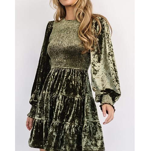 Damen Minikleid Weihnachtskleid Samtkleid Cocktailkleid Schößchen Kleider Elegant Mode Modern Abendgesellschaft Party Date Normale Passform Einfach Langarm Rundhalsausschnitt Schwarz Wein Armeegrün Image