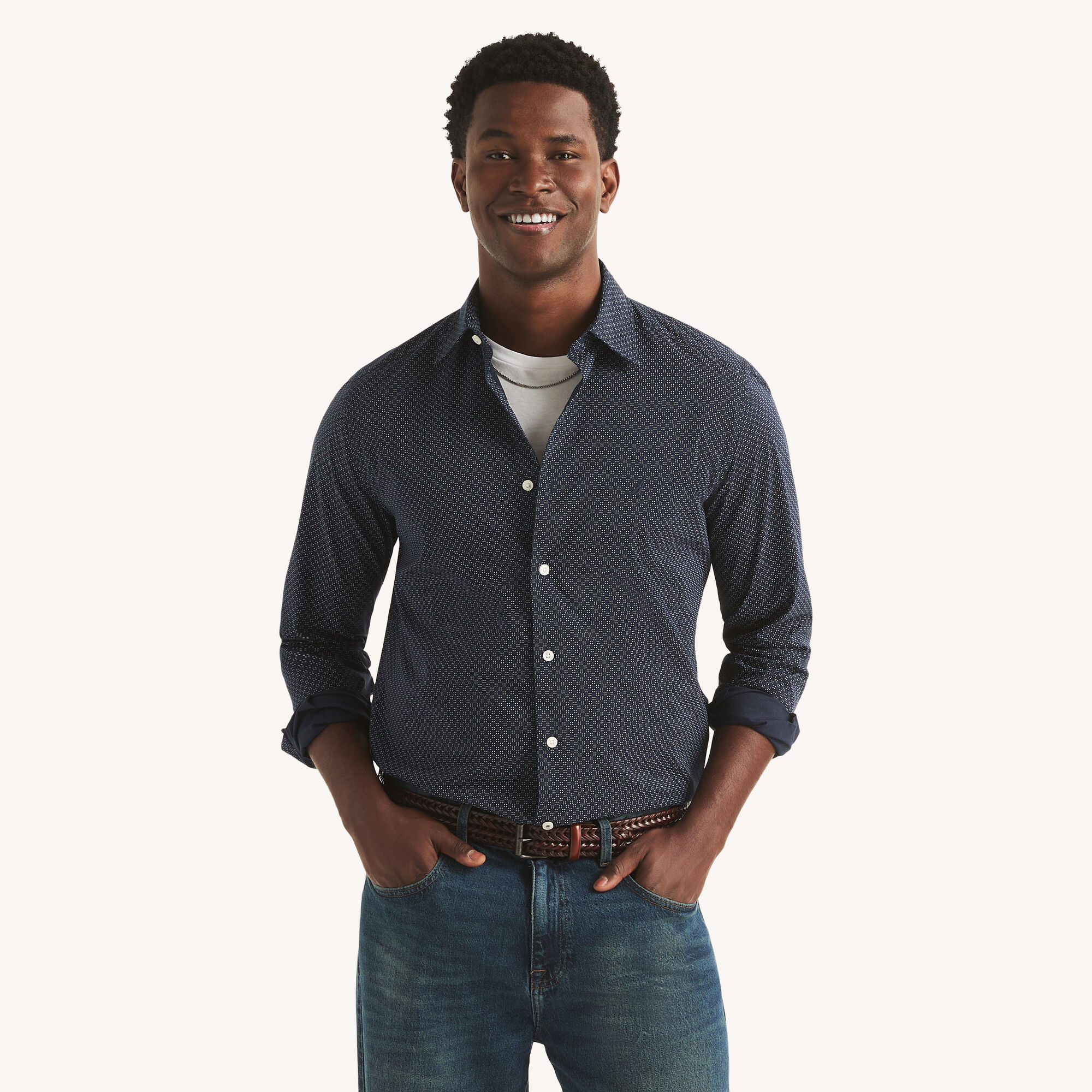 Nautica Men's Classic Fit Wrinkle-Resistant Printed Shirt 482 (Stellar Blue Heather), M