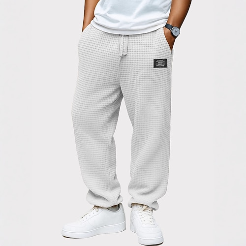 Herren Waffel Jogginghose Hose Baggy-Hosen Freizeithose Kordelzug Gerader Schnitt Einfarbig Komfort Volle Länge Outdoor Lässig Täglich Mode Retro Vintage Lässiger Schnitt Schwarz Weiß Dehnbar Image