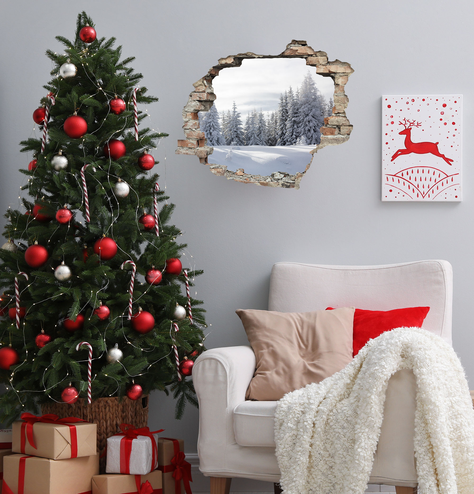 3D-Wandtattoo QUEENCE "Tannenlandschaft im Schnee", weiß, B:60cm H:50cm T:0,3cm, Vinyl, Wandtattoos, selbstklebender Wandsticker Weihnachten Image