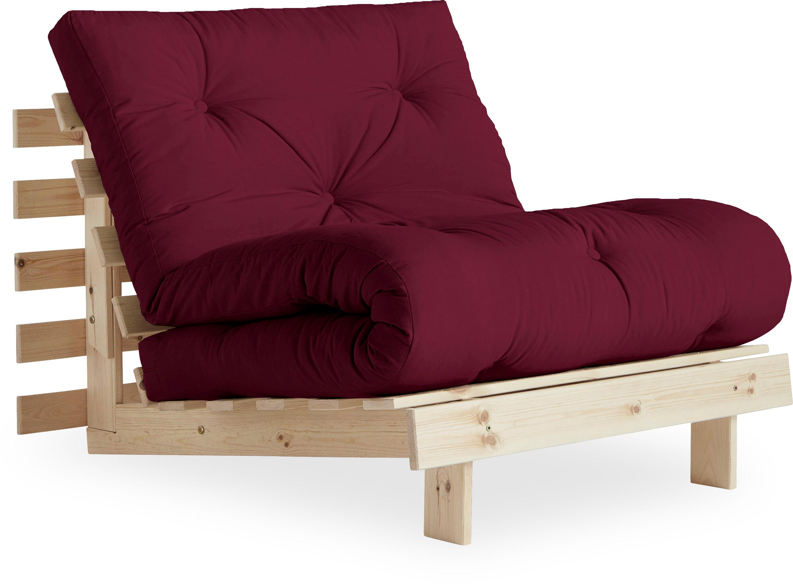 Daybett KARUP DESIGN "Daybett Roots Schlafsofa – Gästebett & Sofa aus FSC-Kiefer", rot (bordeaux), B:90cm H:85cm, Bezug: 80% Baumwolle, 20% Polyester, Daybetten, Inkl. Futonmatratze, in mehreren Größen & Farben erhältlich Image