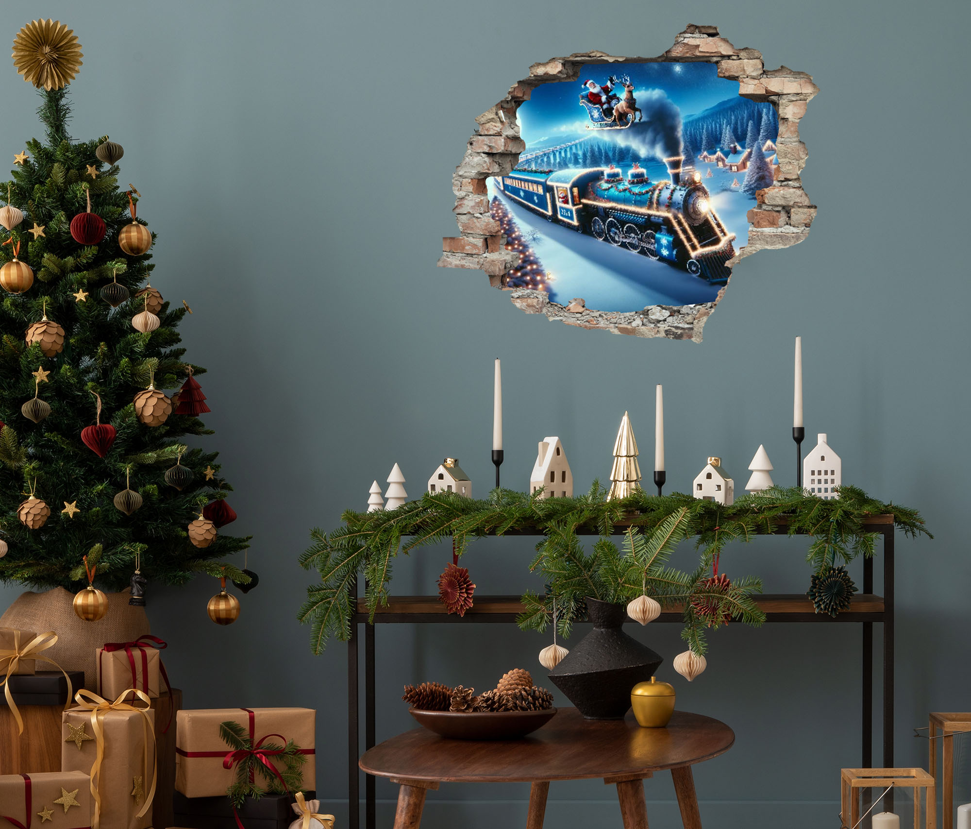 3D-Wandtattoo QUEENCE "Lokomotive im Schnee", blau, B:60cm H:50cm T:0,3cm, Vinyl, Wandtattoos, selbstklebender Wandsticker Weihnachten Image