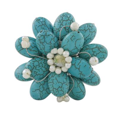 Pearl brooch pin, 'Blue Azalea' - Floral Turquoise Colored Brooch Pin
