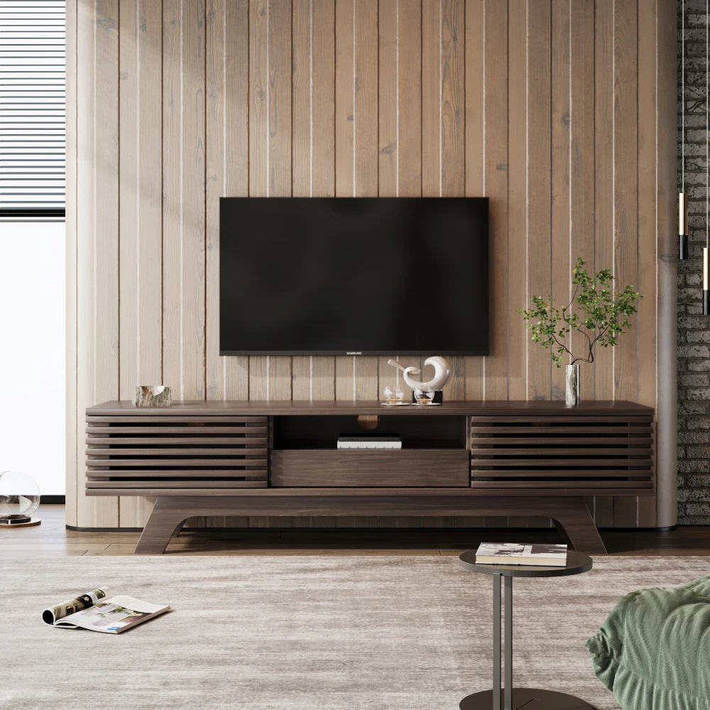 Meuble TV avec tiroir et deux portes, meuble TV, panneau TV, meuble TV, meuble TV. Conception unique, couleur bois vintage.