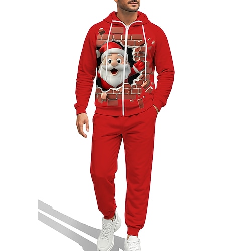 Natale Per uomo Felpa con cappuccio Tuta da Ginnastica Felpa con cappuccio con zip Coulisse Tasche Pantaloni Felpa con Cappuccio Felpa Autunno Bianco Rosso Allenamento in Palestra Casuale