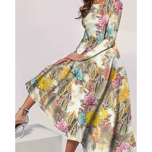Per donna Abito Lungo Maxi Abito Abito Boho Elegante Vintage Moda All'aperto Feste Quotidiano Vestibilità regolare Grafico Farfalla Manica Lunga Girocollo blu acqua Giallo Rosa Blu Primavera Autunno