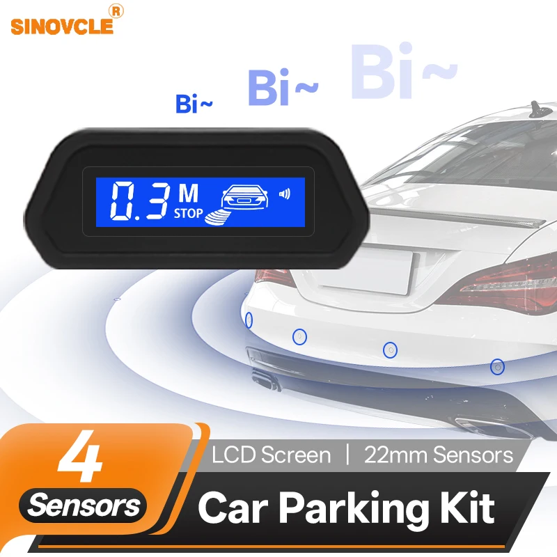 SINOVCLE 4-Sensoren-Parksensor-Set mit Parktronic-Summer, umgekehrter LED-Monitor, Radarwarner-System, Hintergrundbeleuchtung Image