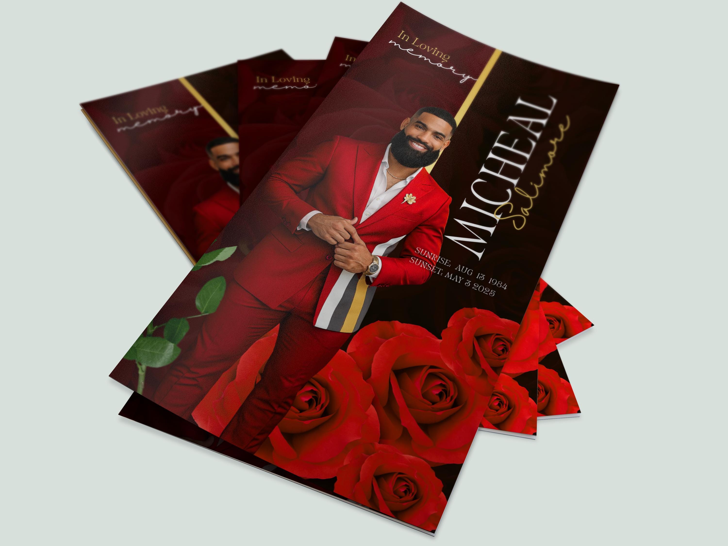 La Rosa - Programma funebre a tre ante con rosa rossa/Modello di programma funebre a tre ante rosso 11X17/Tabloid del programma funebre/Programma comm