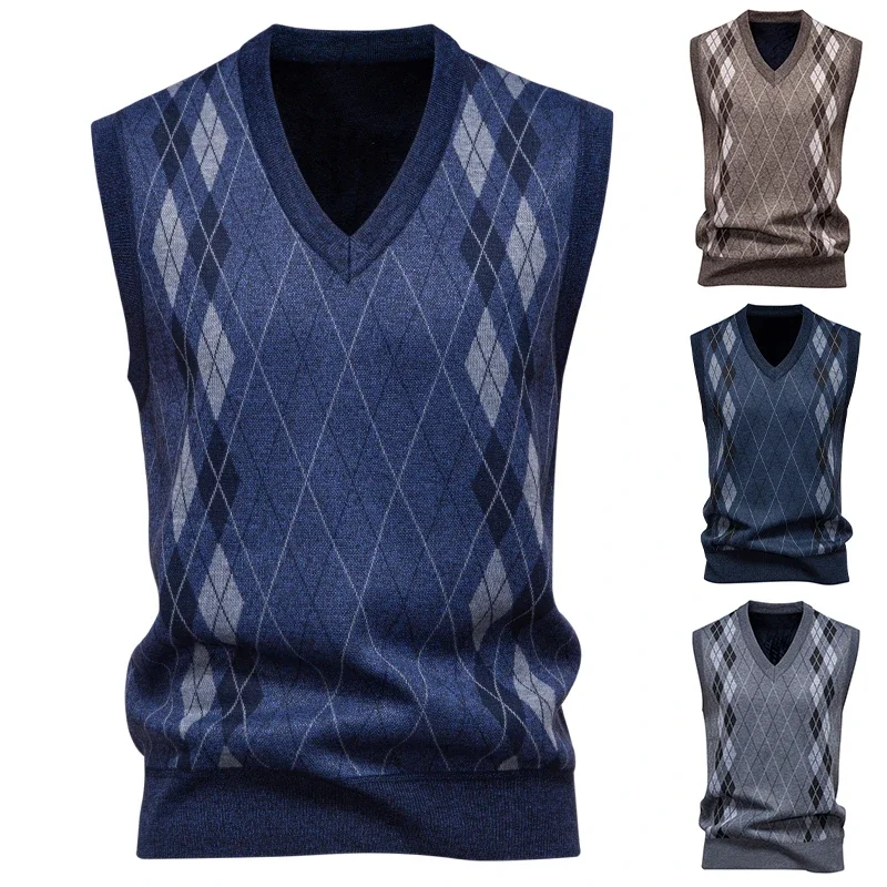 Herren-Strickpullover mit V-Ausschnitt, warm, Herbst und Winter, Diamantgitter, gedrehte Blume, lässige Mode, vielseitiges Strickoberteil Image