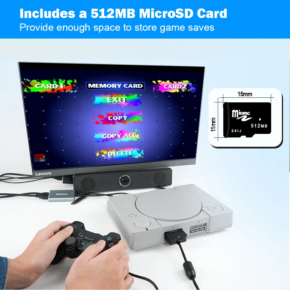 PS1 Memory Card Transparent white/black PSxmemcard Save Game Date For Sony PlayStation 1 & PS One Console（Free TF Card）