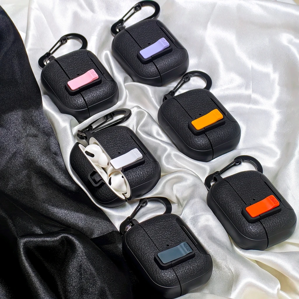 Erweiterte schwarze Leder-Textur-Verriegelungsschalterhaken, stoßfeste Schutzhülle für AirPods 4 Pro 2 Pro 3 Image
