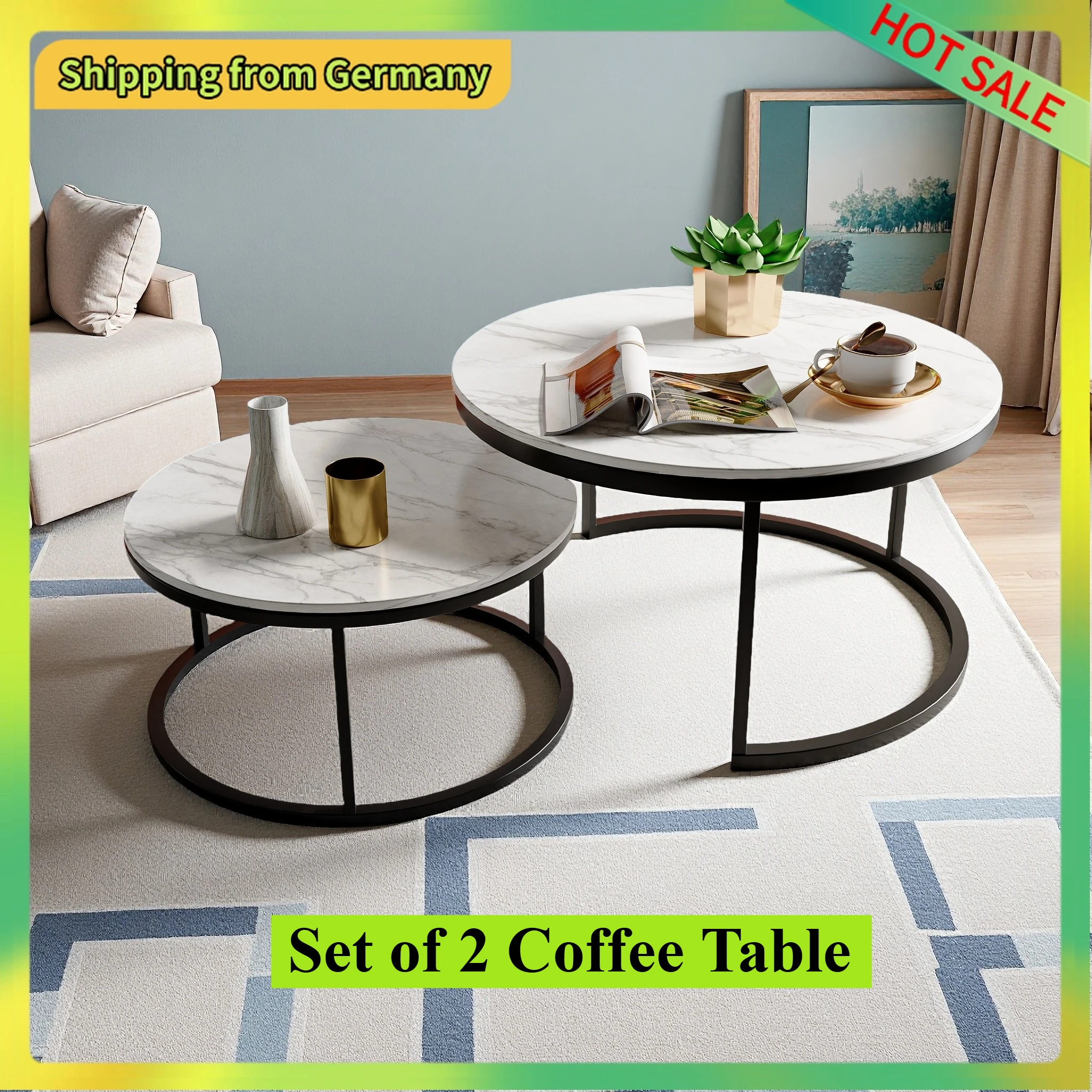 Comanlai 2-teiliges rundes Couchtisch-Set, Beistelltisch mit Stauraum und Metallrahmen, Couchtisch für Wohnzimmer, Weiß Schwarz