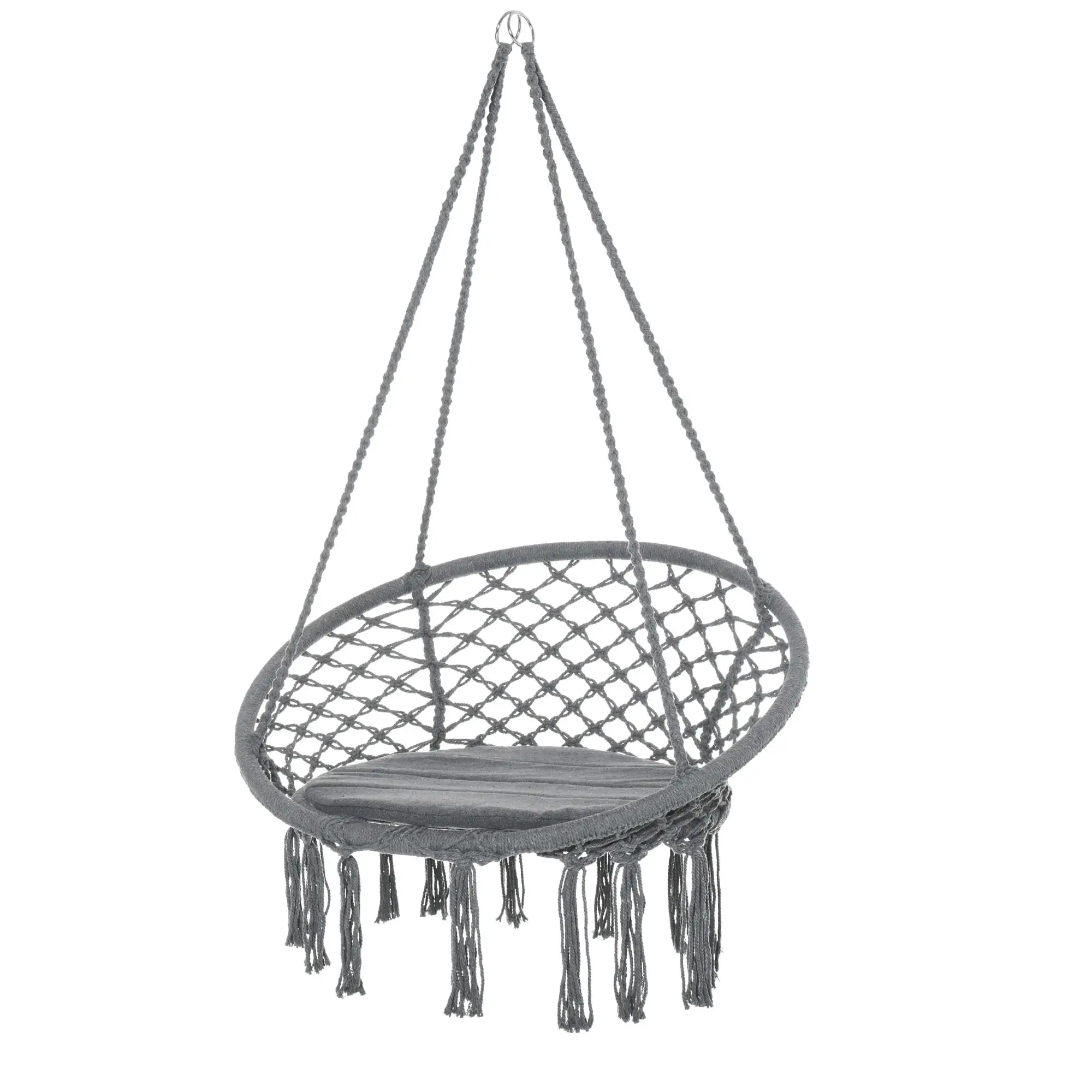 Cotton Polyester Macrame Hanging Rope Chair with Cushion Portable Garden Chair for patio Deck Tree Grey Fringe Tassels