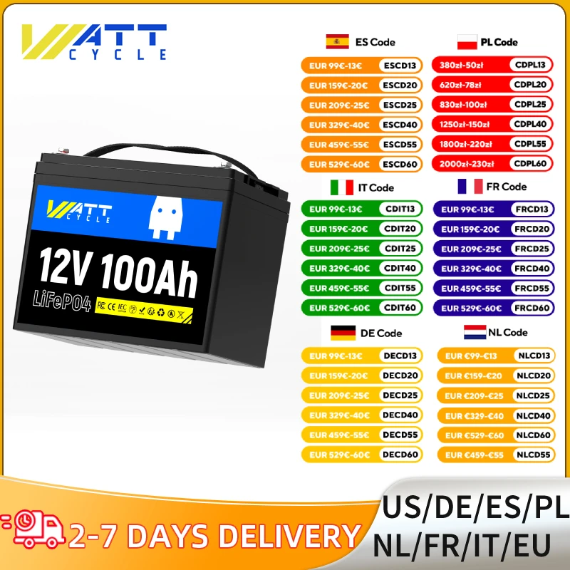 Wattcycle 12 V 100 Ah LiFePO4-Batterie 110 A BMS 15000 Zyklus Lithium-Eisenphosphat-Batterie Solar Home Energy Storage EU-Lager Image