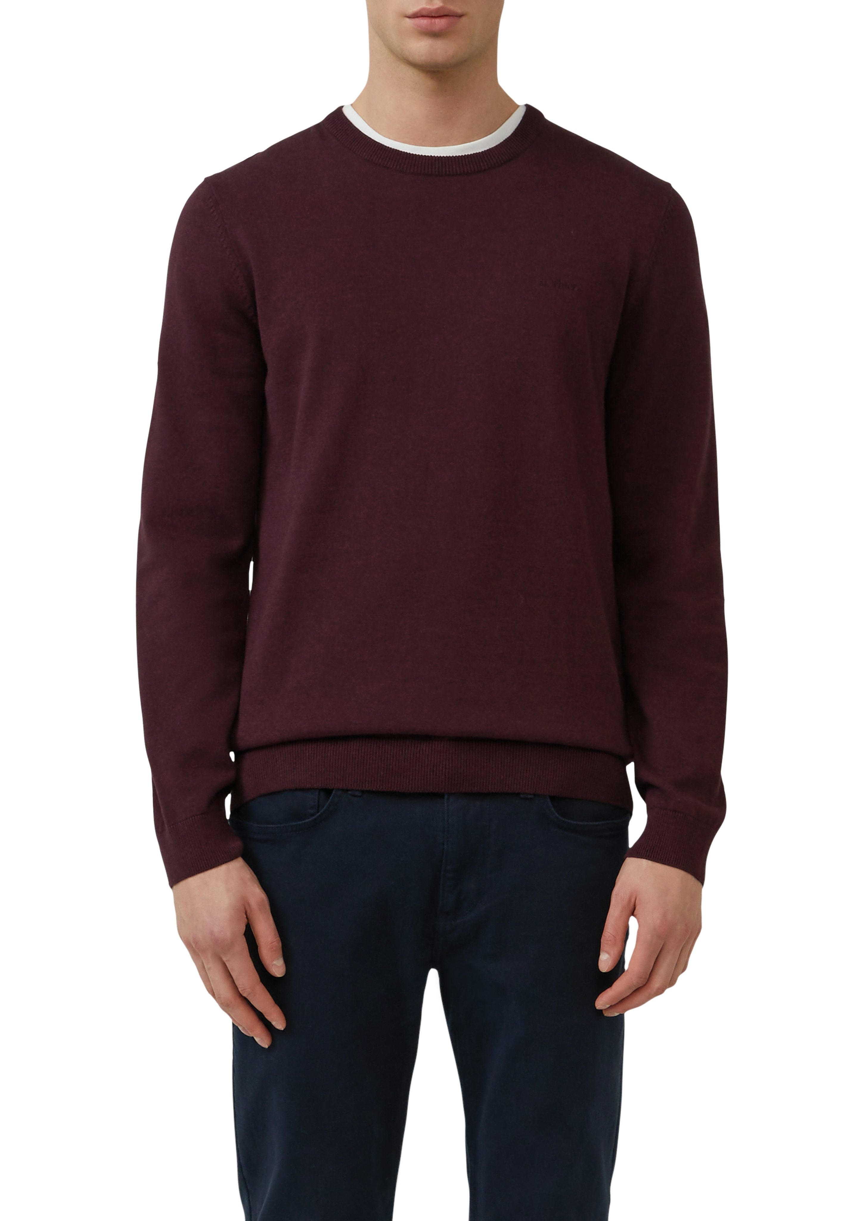 Strickpullover S.OLIVER, Herren, Gr. S, rot (dk bordeaux), Feinstrick, Obermaterial: 100% Baumwolle, bestickt, meliert, unifarben, casual, regular fit hüftbedeckend, Rundhals, Flachstrickbündchen, Pullover, mit Logostickerei
