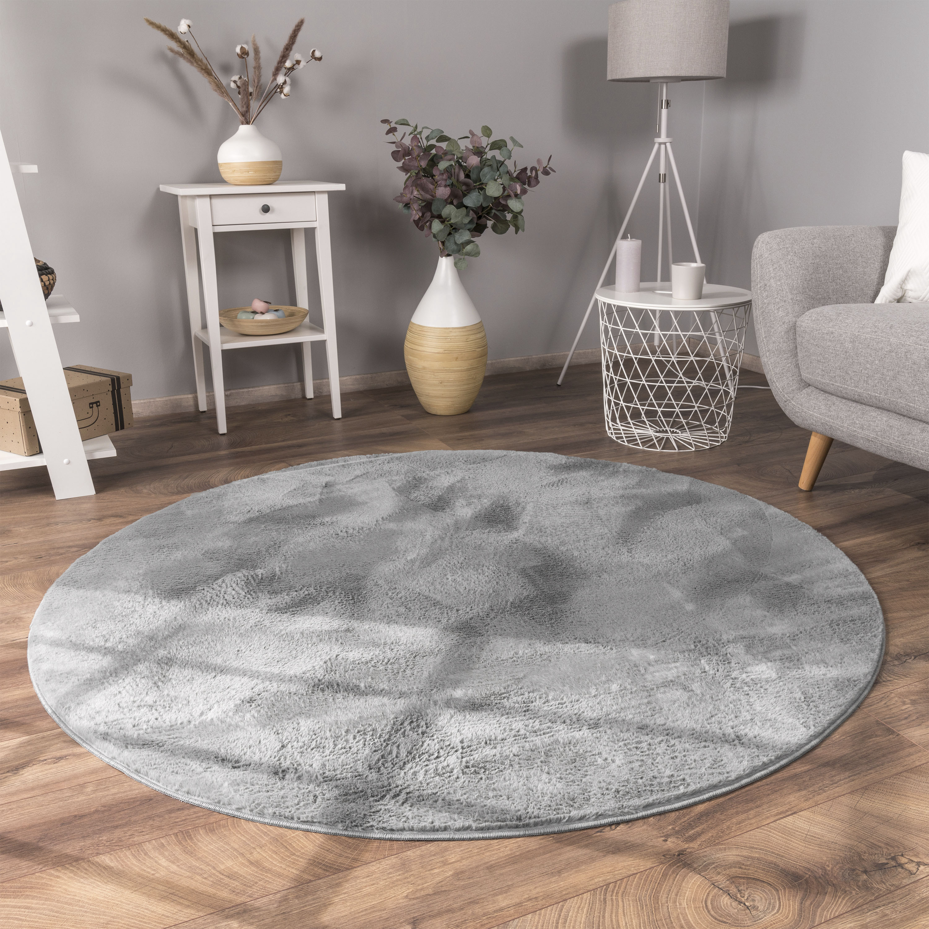 Fellteppich PACO HOME "Kunstfell Soft 380", grau (anthrazit), H:14mm Ø:100cm, Polyester, Teppiche, Fellteppich, Langflor, Kuschelteppich - besonders weich, Uni-Farben Image