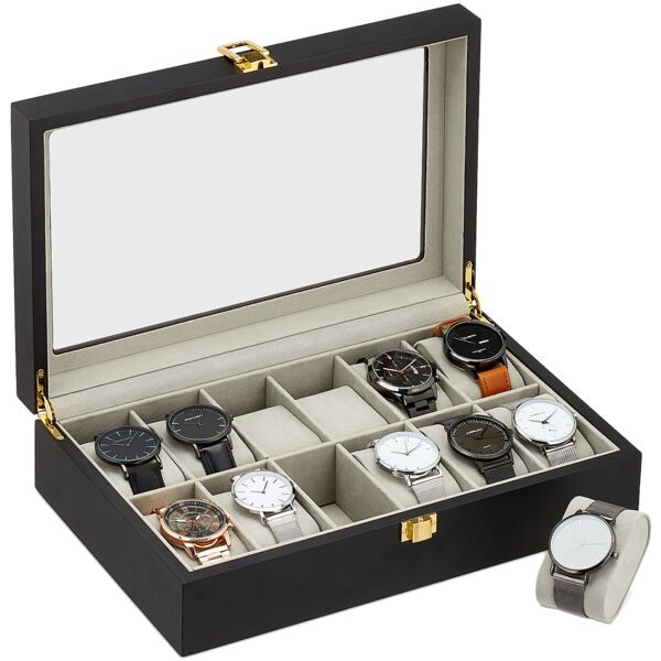 relaxdays Uhrenbox mit 12 Fächern 8 x 31 x 20 cm Image