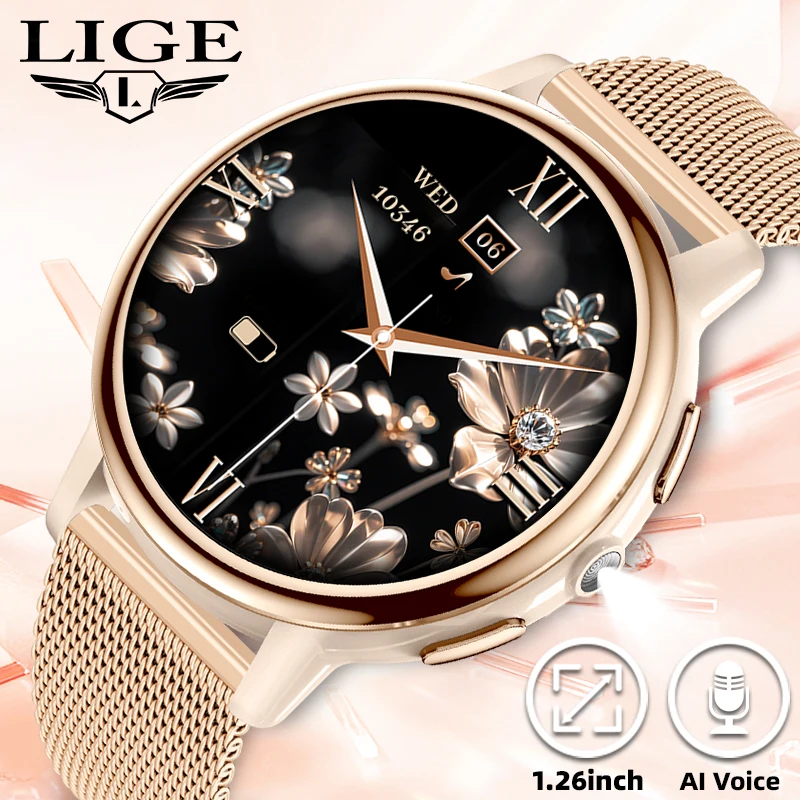 LIGE Frauen Smart Uhr 1,26'' AMOLED Bildschirm Bluetooth Anruf Sport Fitness Uhren Herzfrequenz Gesundheit Überwachung Smartwatch Damen Image