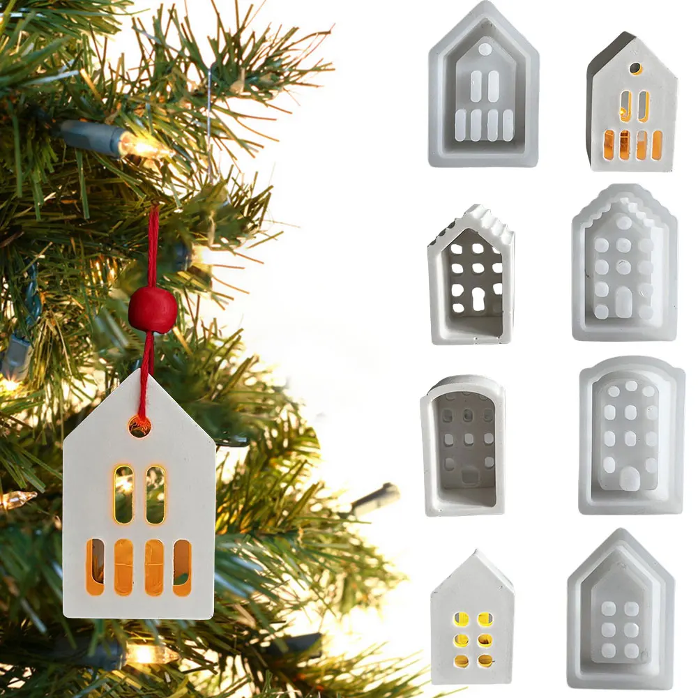 4 stücke Hohl Haus Kerzenhalter Silikon Form Mini Häuser Gips Beton Zement Form DIY Kerzenhalter Ornamente Harz Formen Image