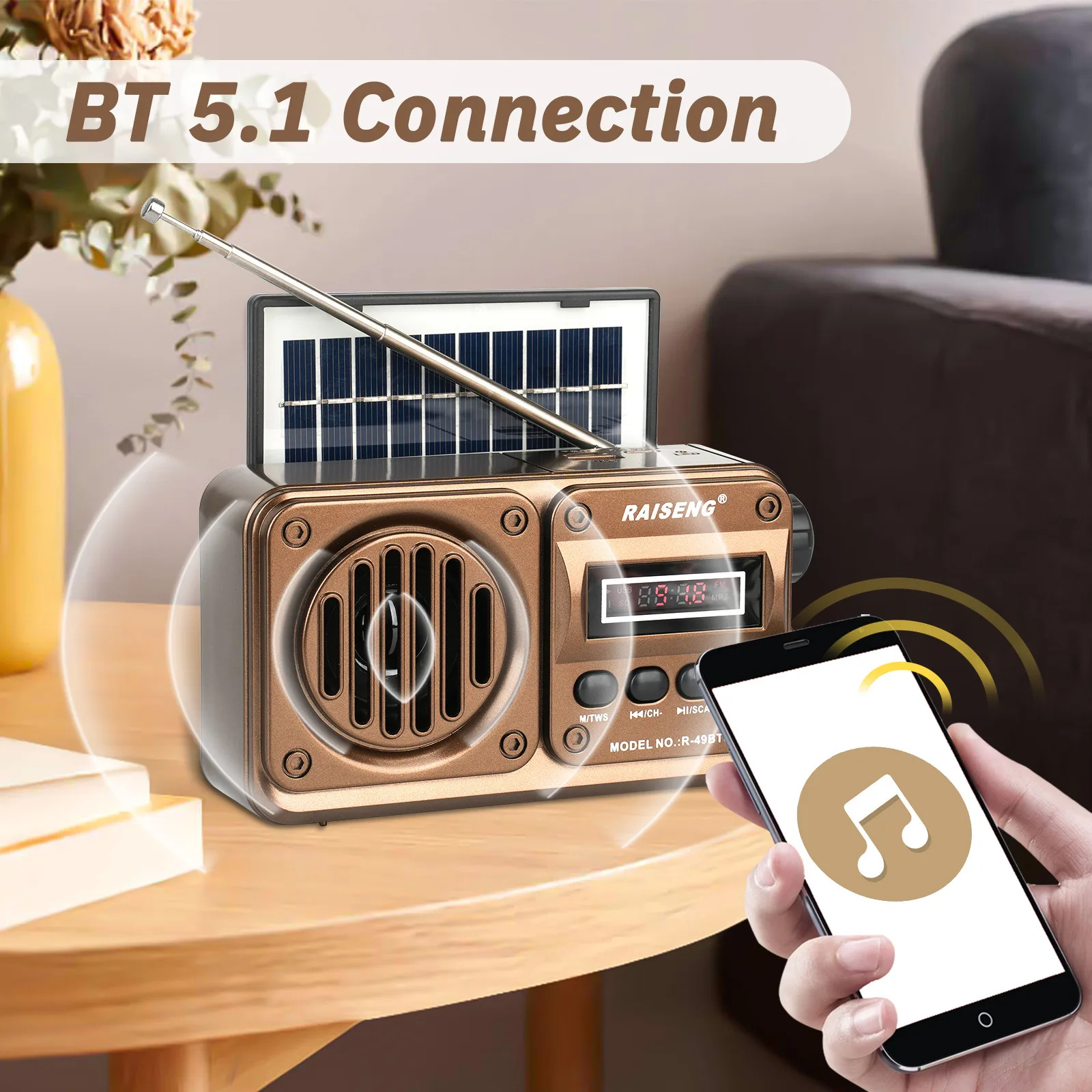 Mini radio FM portatile altoparlante Bluetooth radio di emergenza solare carillon wireless display a LED supporto lettore disco USB TF