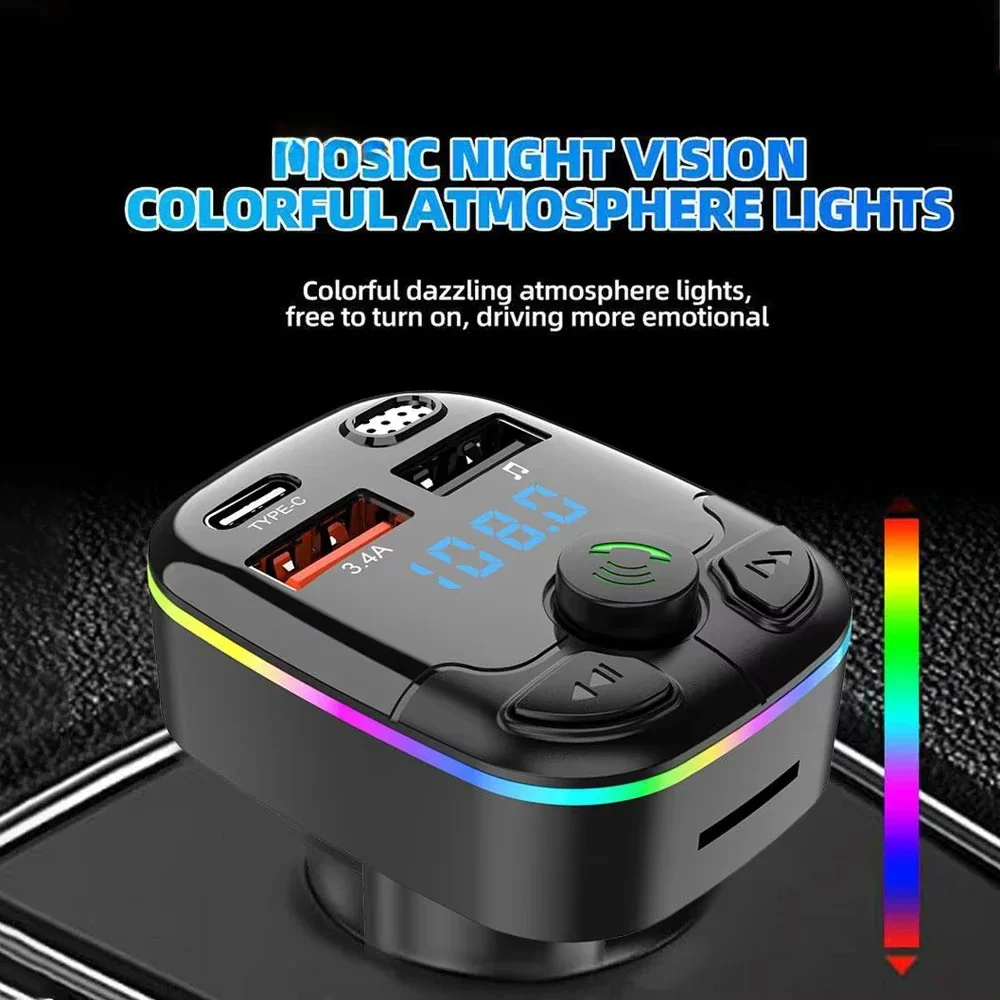 Auto Bluetooth 5,0 FM Sender PD Typ-C Dual USB 3,1 A Schnelle Ladegerät Bunte Umgebungs Licht Auto Zubehör spieler Auto Radio Image