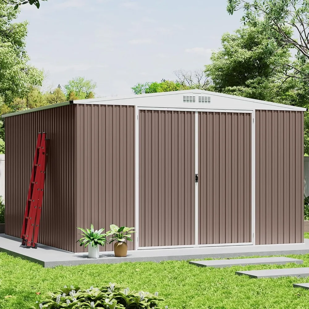 8x7 FT Outdoor Storage Shed, Galvanized Steel Metal Tool Sheds House with Lockable Doors, Lock & Air Vent, Large Utility Shed