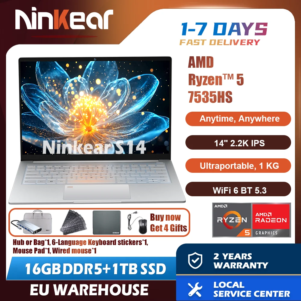 Ninkear S14 ordinateur portable Ultra-portable avec 1KG de poids AMD Ryzen 5 7535HS 14 pouces 2.2K Windows 11 16GB LPDDR5 1 to SSD ordinateur type-c