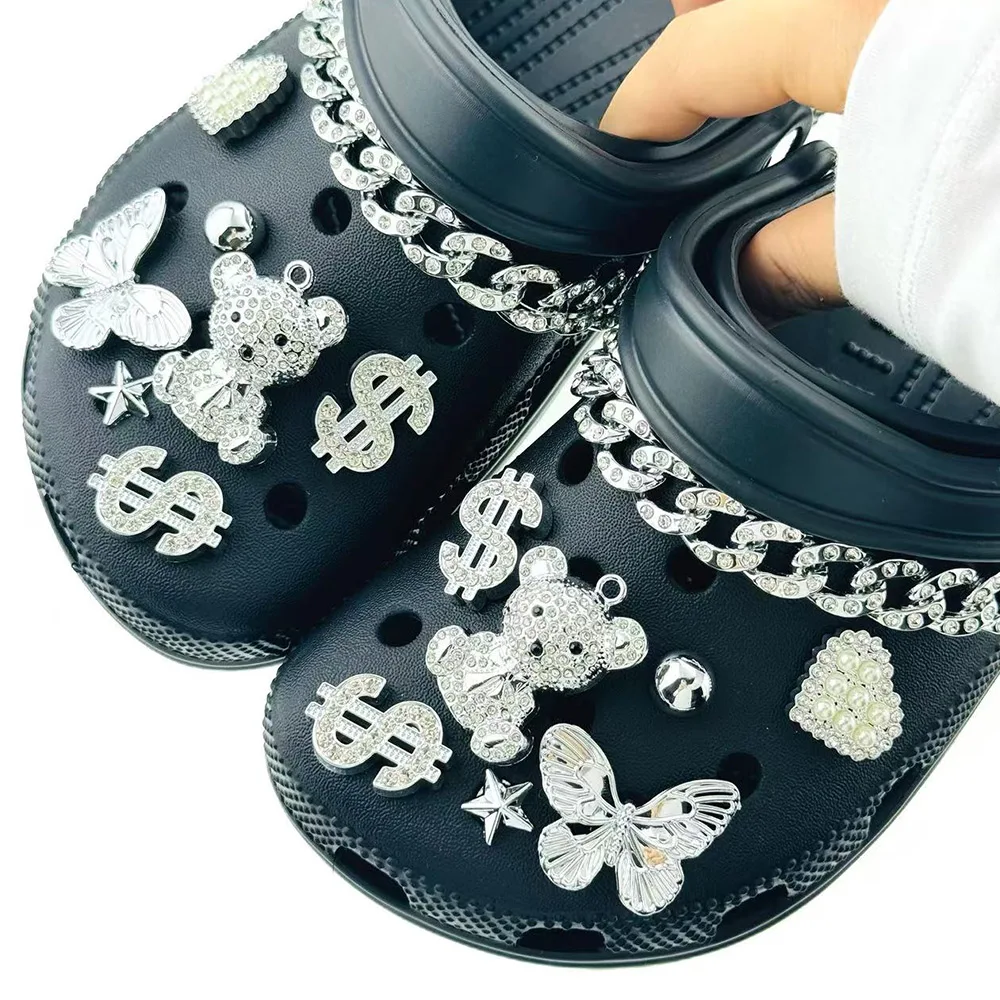 16PCS Silber Diamant Bär Schmetterling Pentagramm Kette DIY Schuh Charm Set Zubehör Abnehmbare Mode Schuhe Dekorationen Schnalle