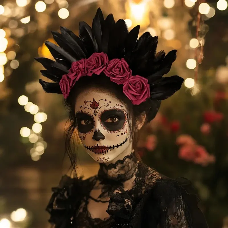 Gothic-Braut-Kopfschmuck – Halloween-Krone mit dunklem Blumenmuster und Federn für Partys, Haarschmuck für Performance-Kostüme