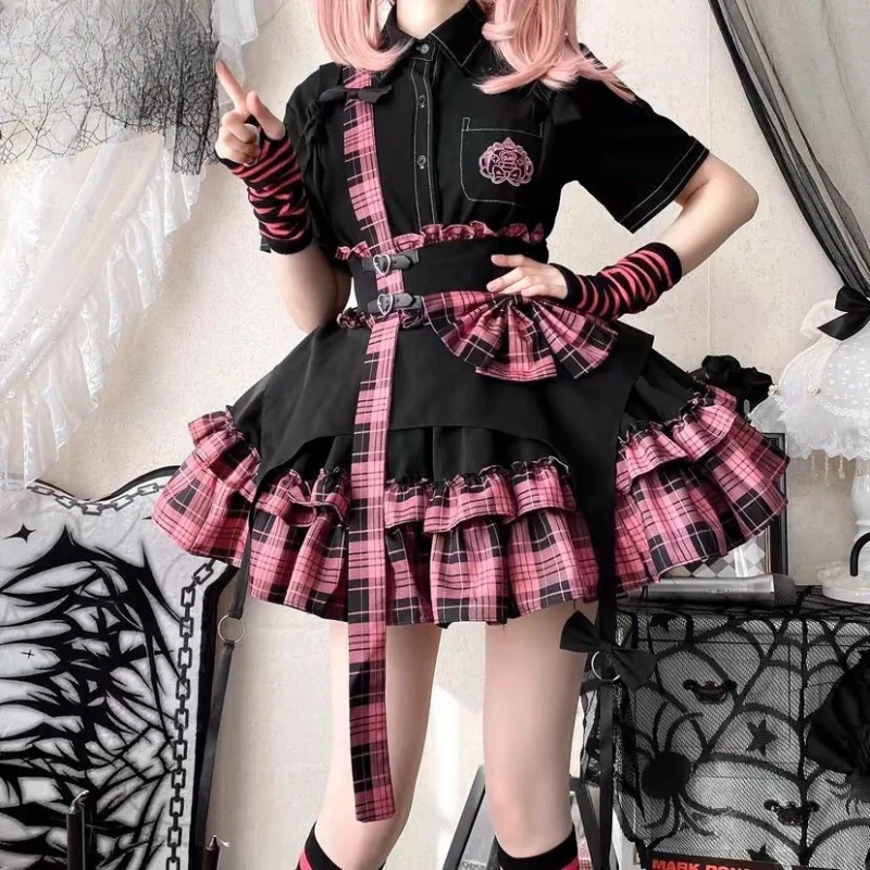 Original Y2K Dark Grid Splicing Young Girl SK Singing Kostüm Gothic Lolita Elegante Schleife Rüschen Kurze A-Linie Miniröcke Süß